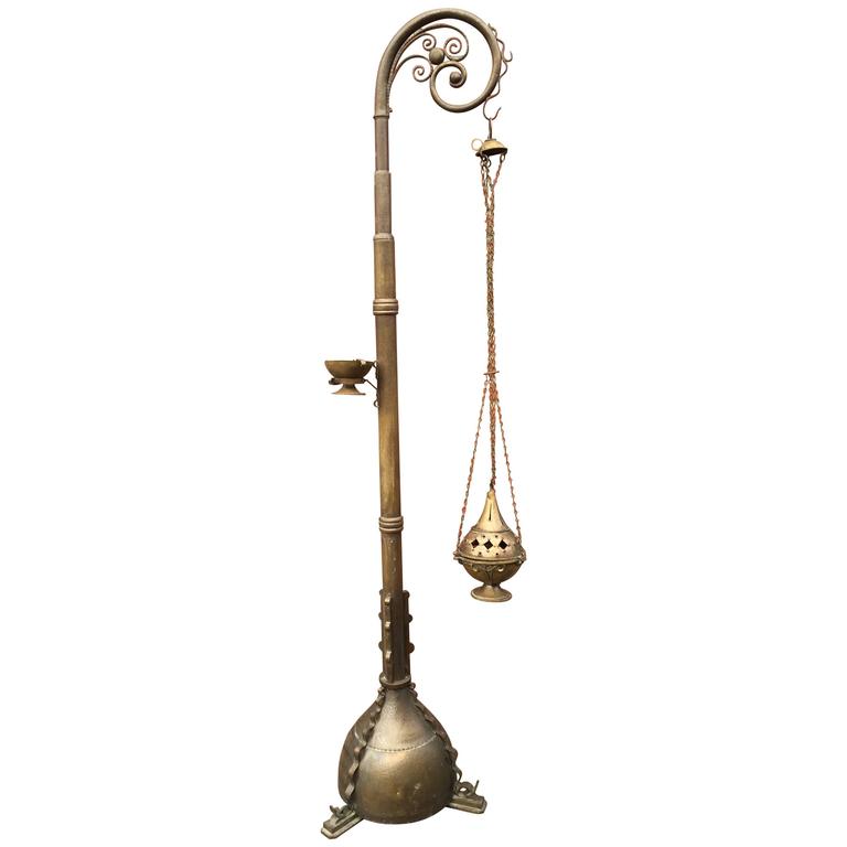 Arts and Crafts 1900s Brass Floor Stand Incense Burner Religious