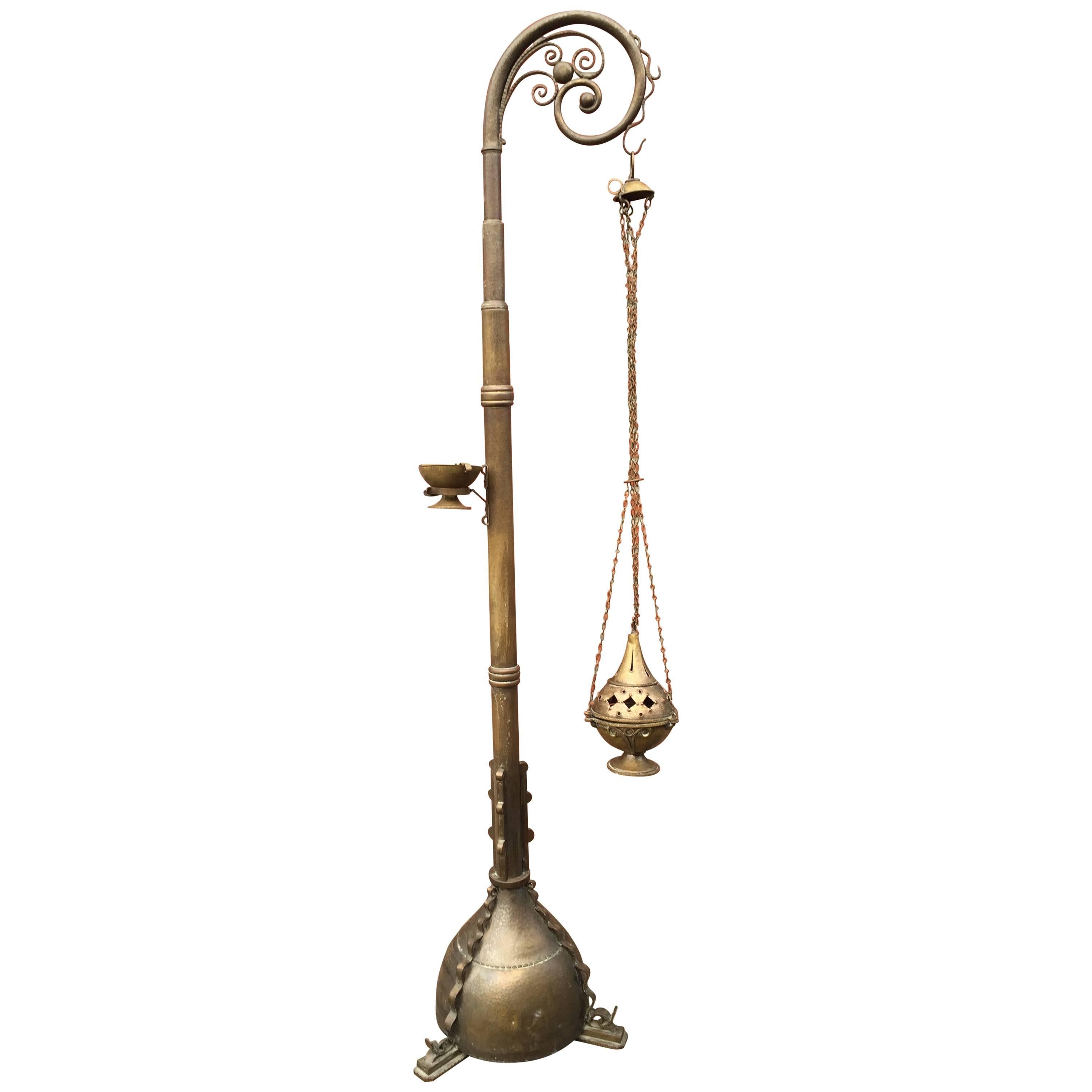 Arts and Crafts 1900s Brass Floor Stand Incense Burner Religious, Gothic Art