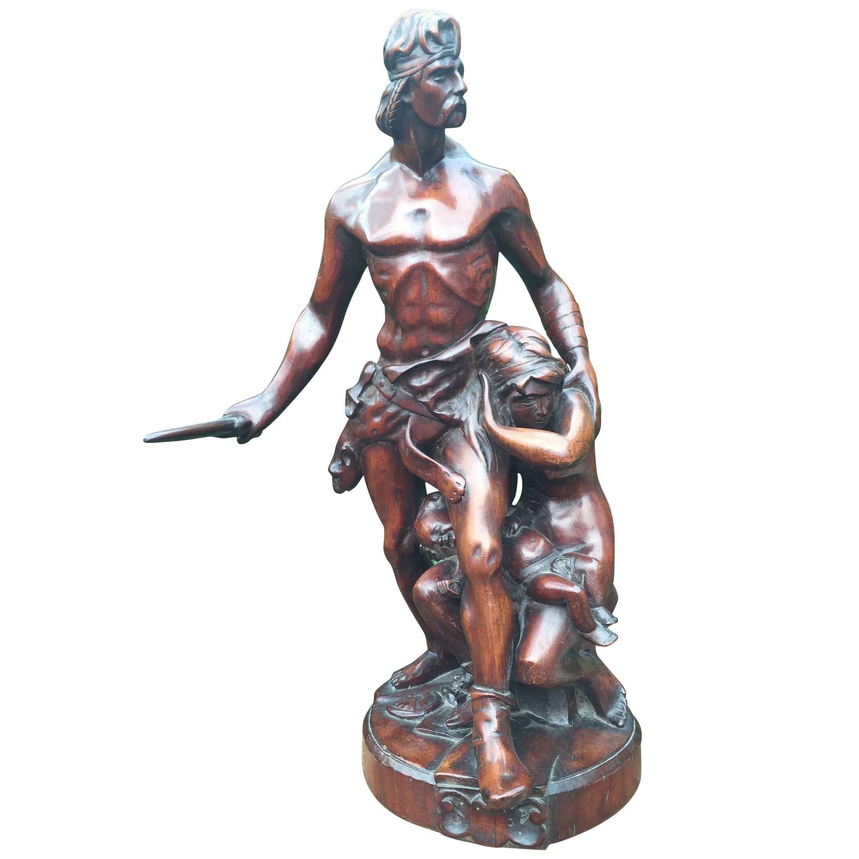 One of a Kind Antique Carved Wood Group Statue Sculpture by Emile Boisseau For Sale