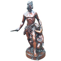 One of a Kind Antique Carved Wood Group Statue Sculpture by Emile Boisseau