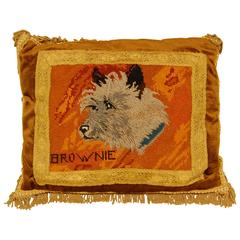 Vintage Early 20th Century Pillow with Needlepoint Dog on Velvet Backing