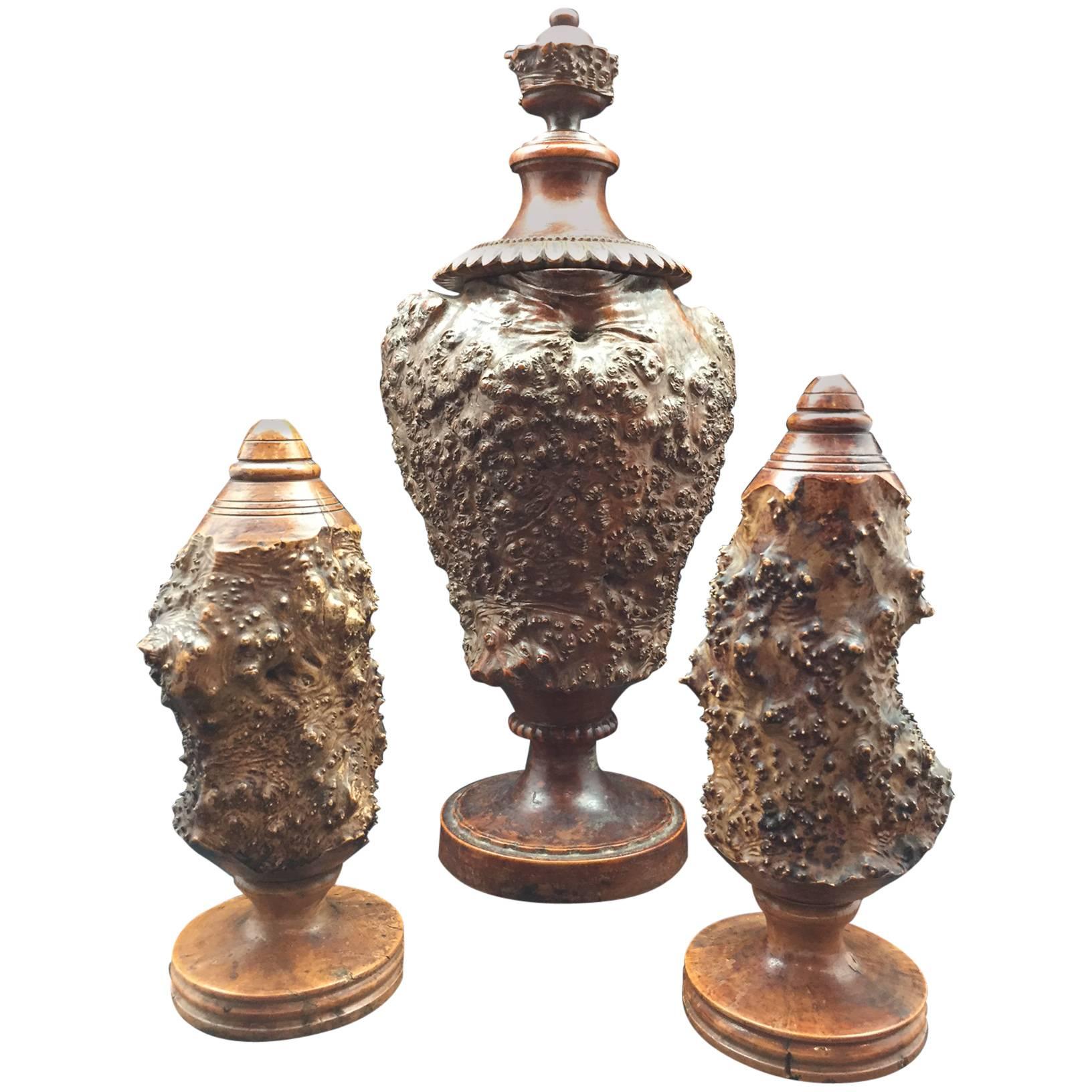 Burr or Burl Wood 19th Century European Garniture Set of Three Turned Jars