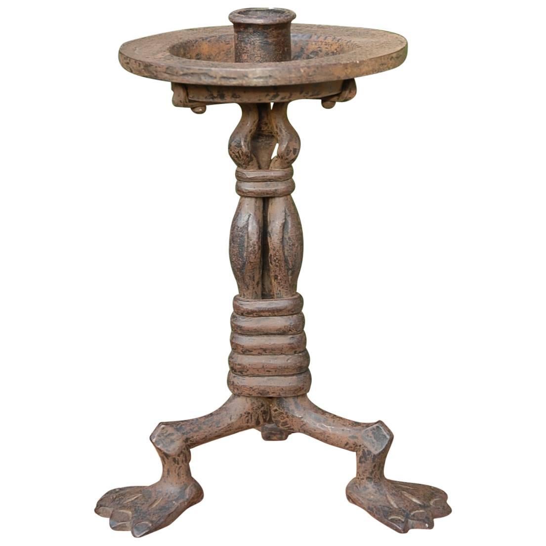Unique Hand Forged in Fire Artistic Design Candlestick with Three Frog like Legs For Sale