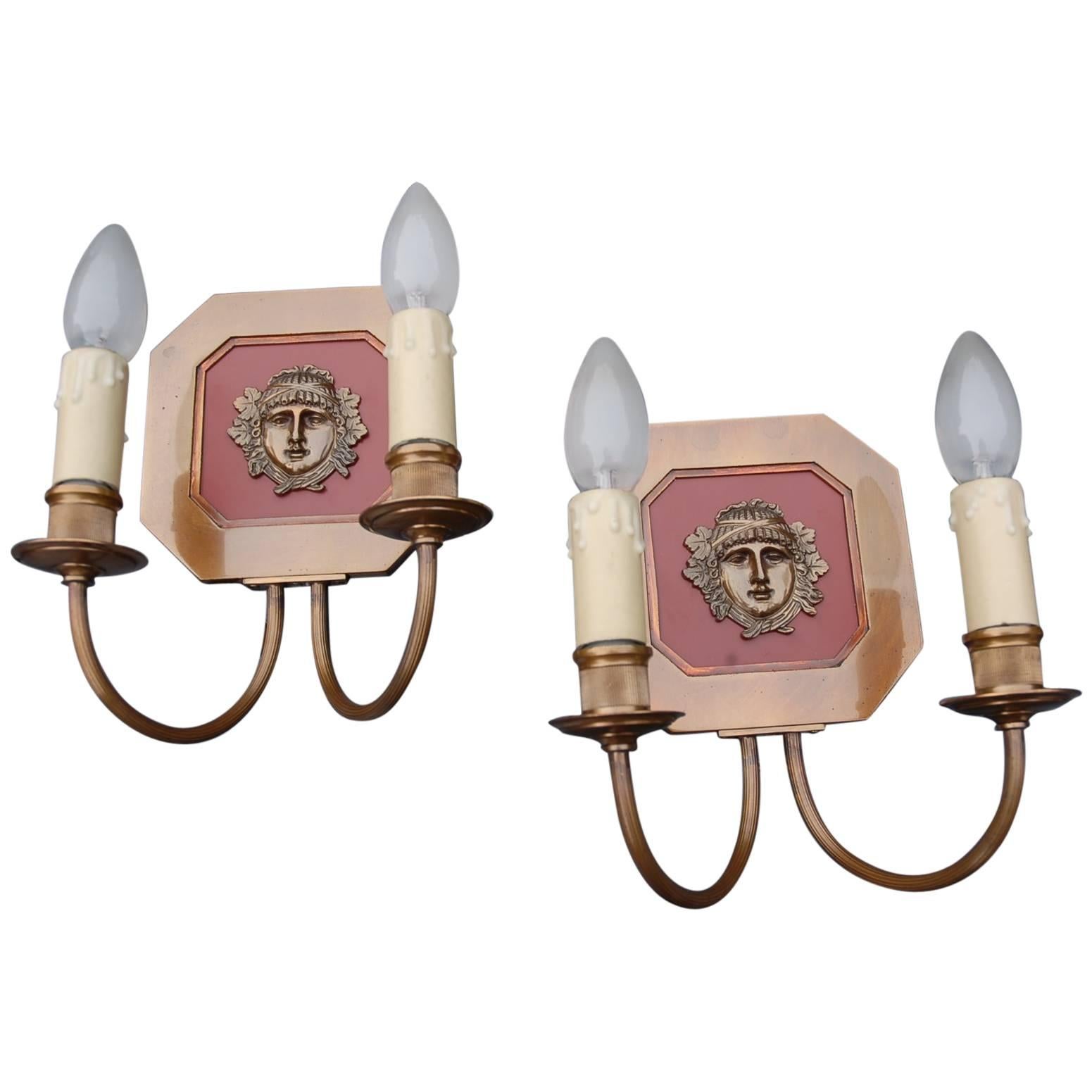 Unique Pair of French Hollywood Maison Charles Bagues Bronze Wall Sconces