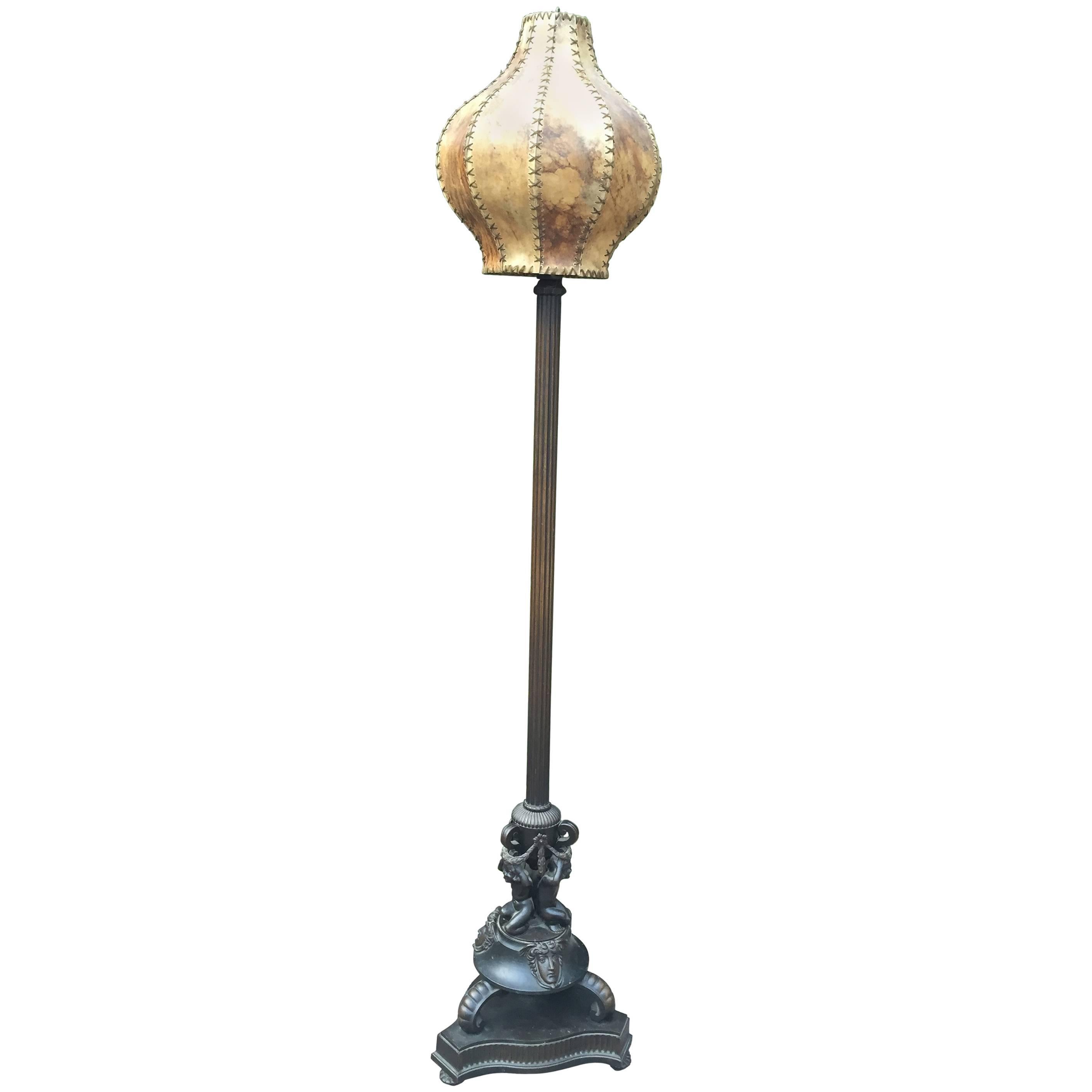 Early 1900's Neo Classical & Figural Bronze Floor Lamp w. Mercury and Nude Girls For Sale