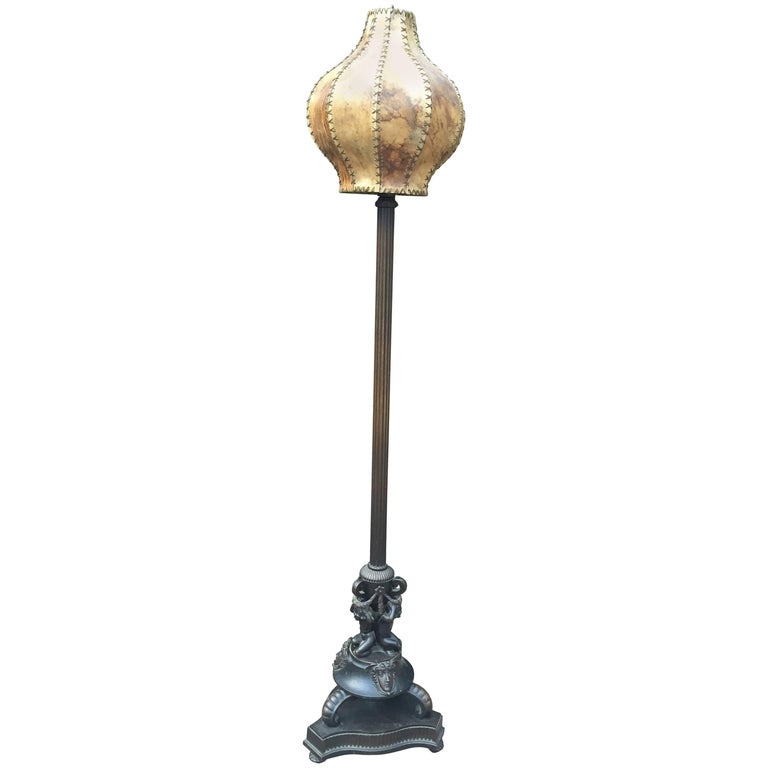 Early 1900's Neoclassical & Figural Bronze Floor Lamp w. Mercury and Nude Girls For Sale