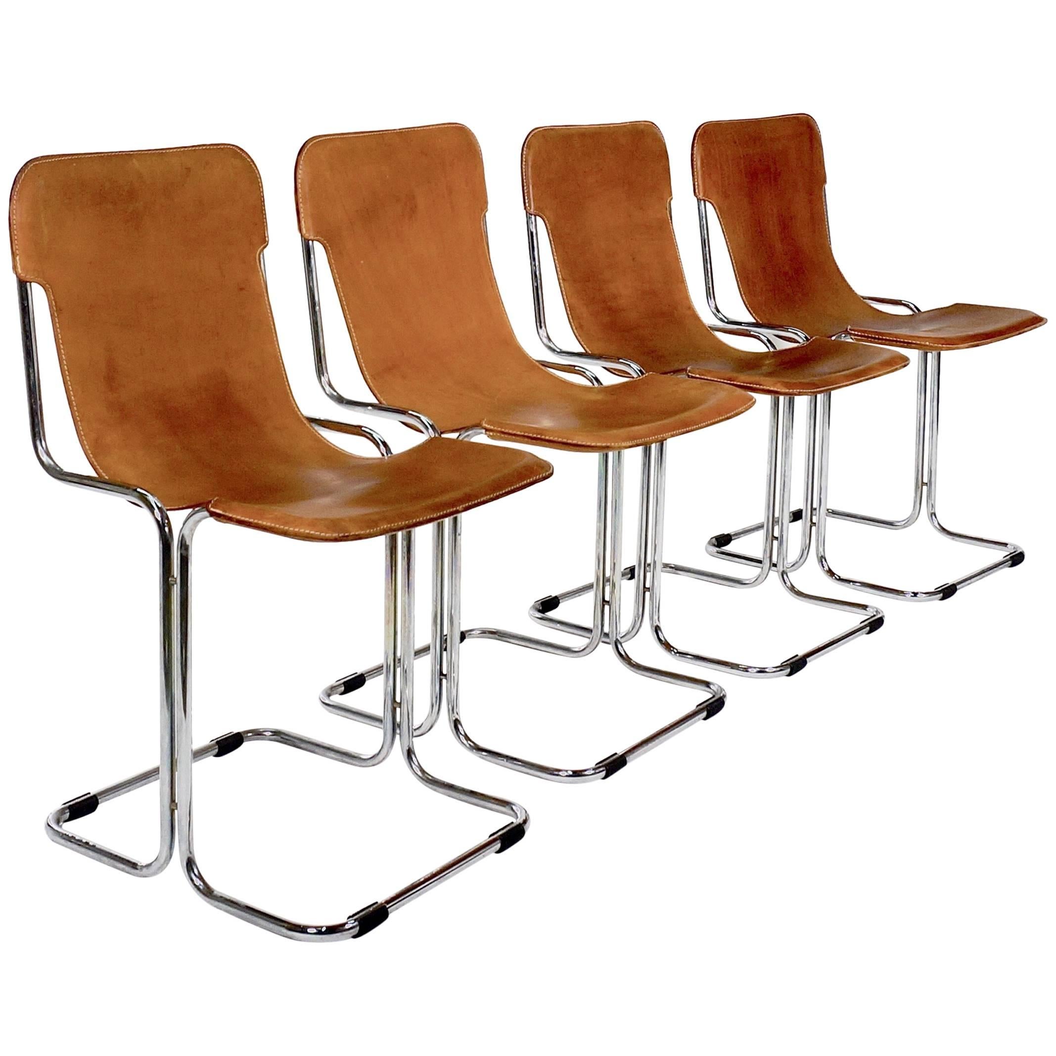 Set of Four Chromed Tubular Metal Chairs with Slung Leather Seats For Sale