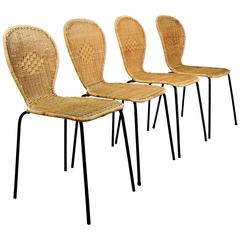 Set of Four Wicker and Metal Side Chairs