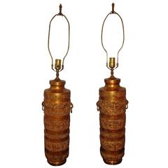 Asian Inspired Brass Gilt Metal Lamps by James Mont