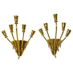 Pair of 1950s Italian Brass Five-Arm Wall Sconces