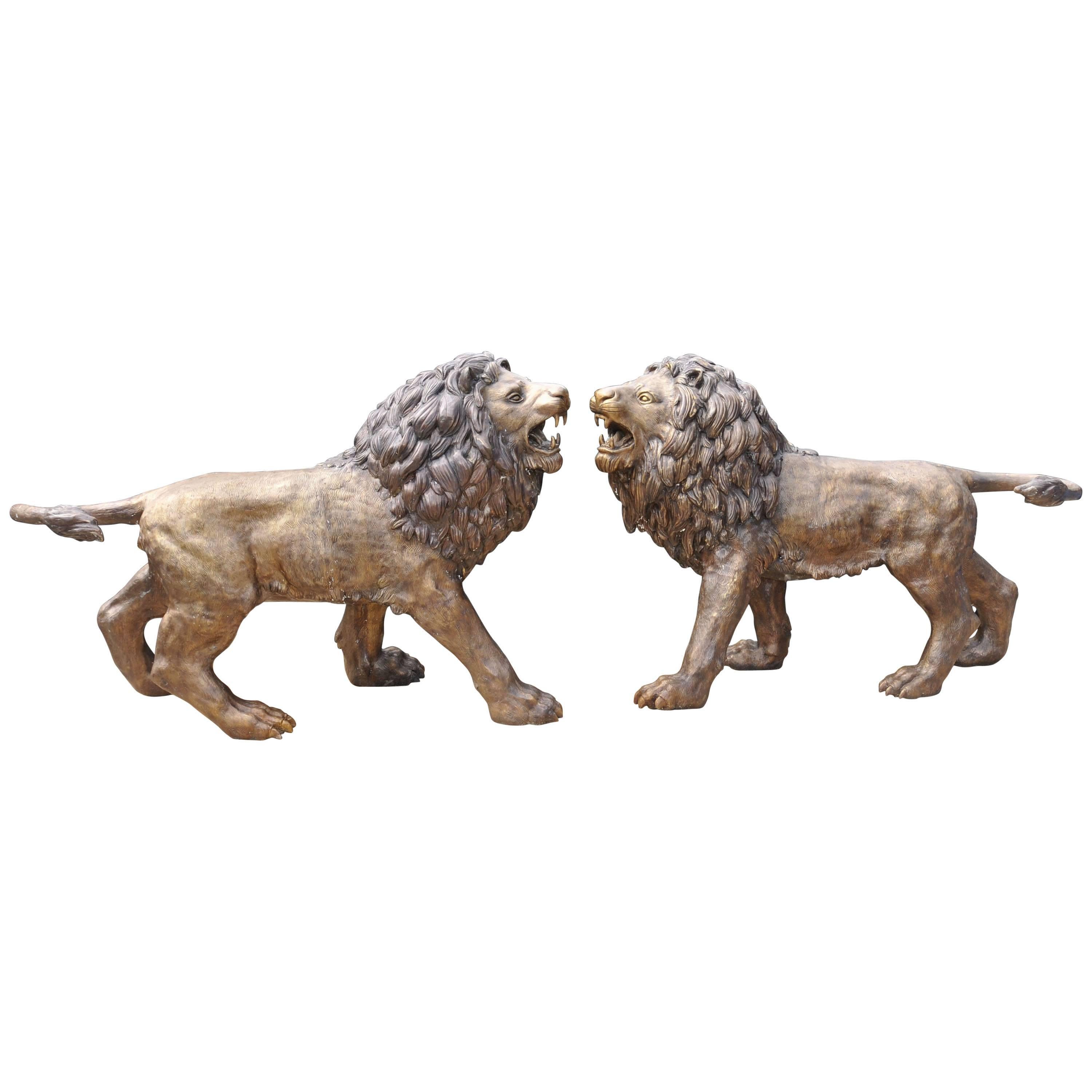 Pair Big Bronze Lions Lion Cat Statues Landseer Gatekeepers Medici For Sale