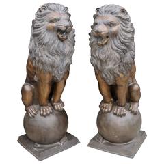 Pair of  XL Bronze Lion Gatekeeper Statues Lions on Ball Medici