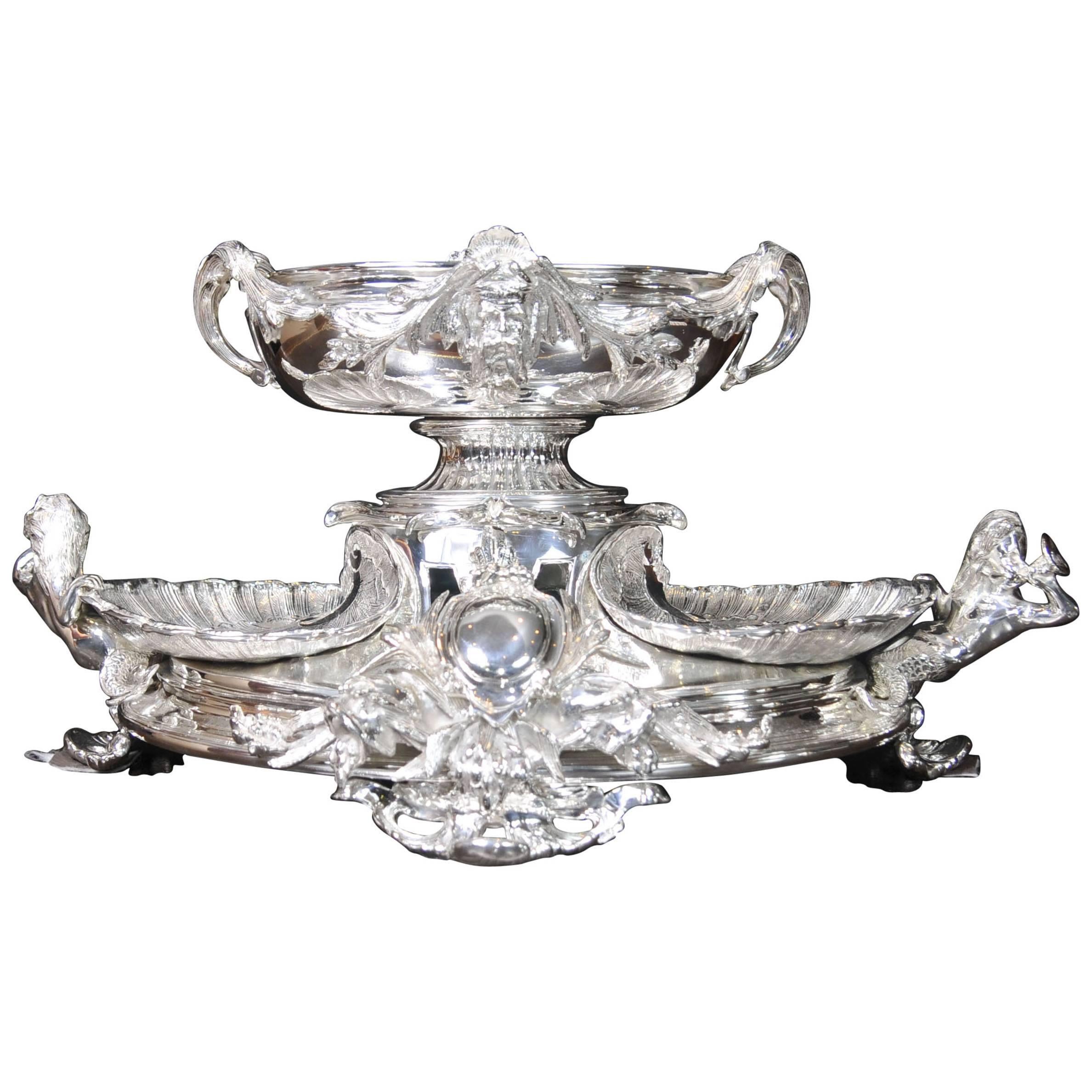 George III Style Silver Plate Centrepiece Rococo Epergne Clam Dish For Sale