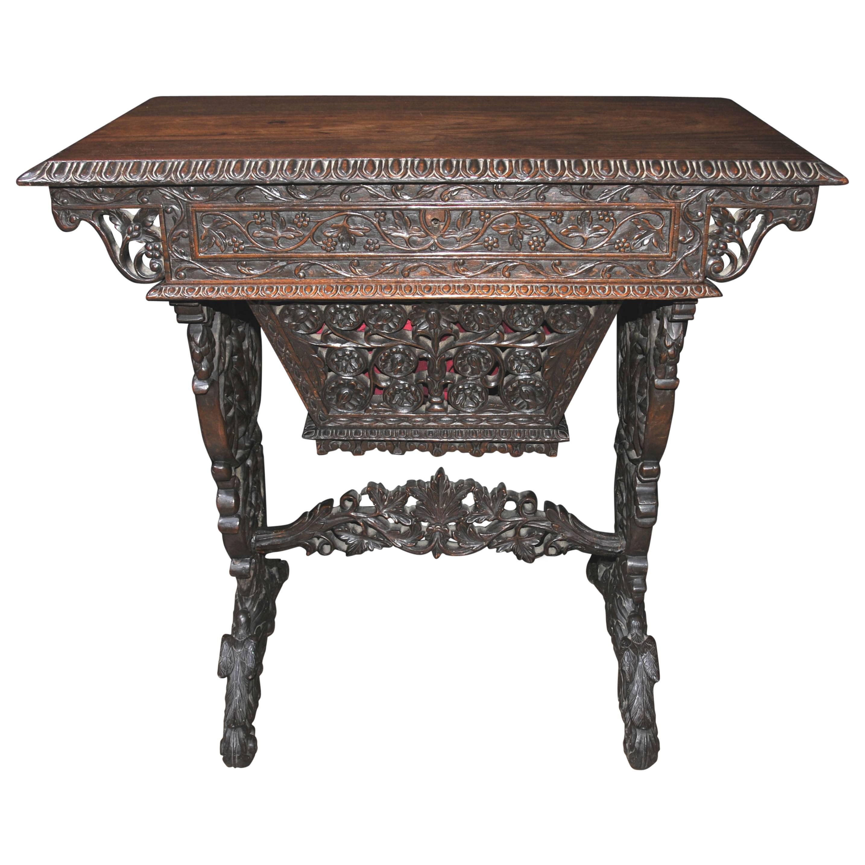 Antique Hand-Carved Burmese Desk Writing Table, 1890, Hardwood For Sale