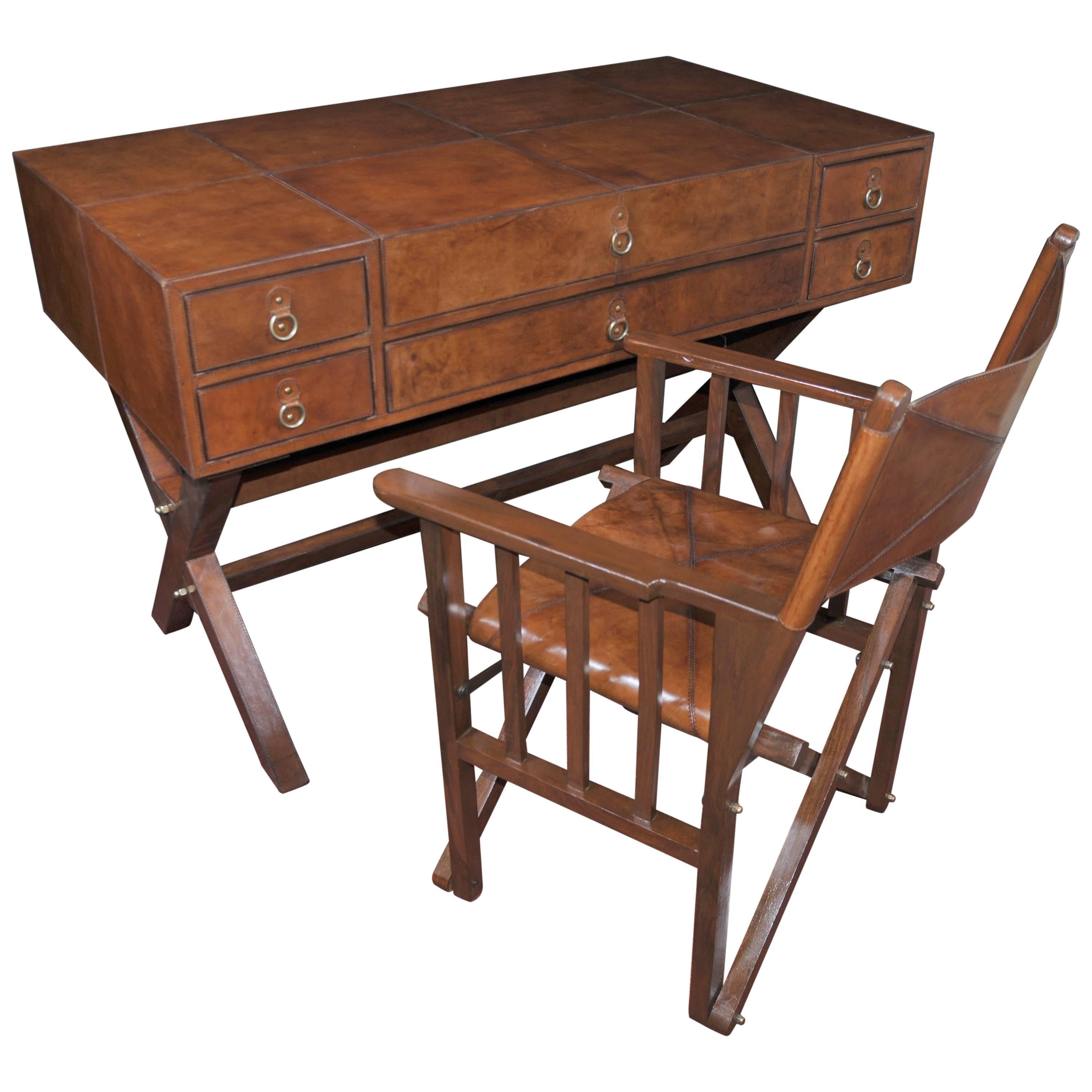 Leather Campaign Desk and Chair Set Writing Table For Sale