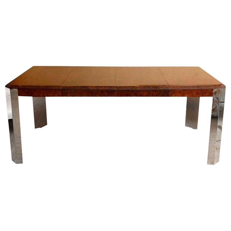 Leon Rosen for Pace Burled Wood Stainless Steel Dining, Desk and Game Table 70's