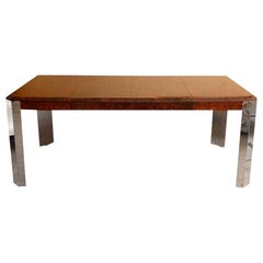 Retro Leon Rosen for Pace Burled Wood Stainless Steel Dining, Desk and Game Table