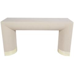 Karl Springer Style Console Wrapped in Linen and Brass Hollywood Regency