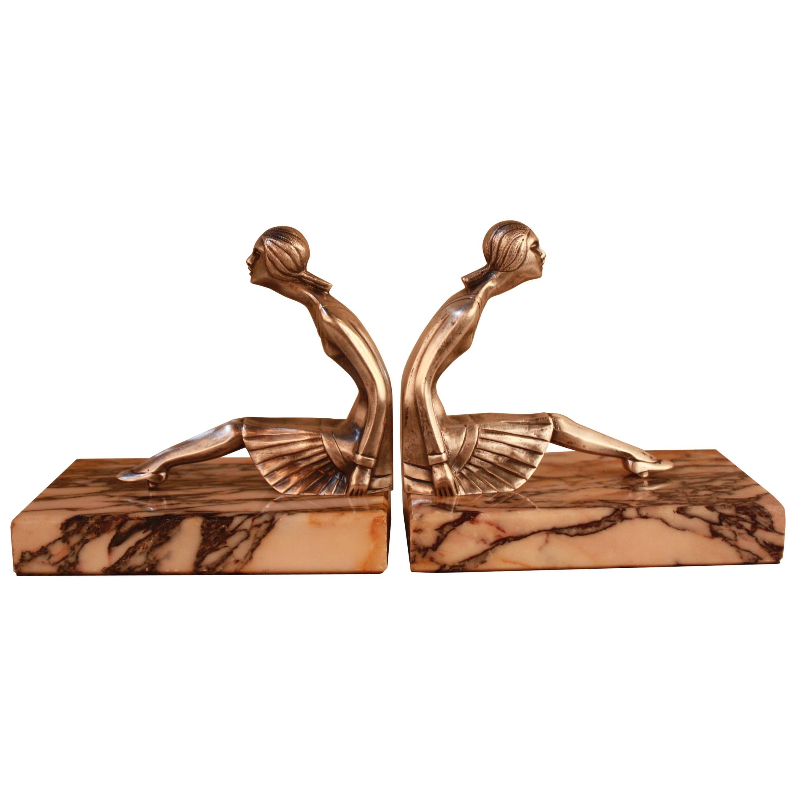 French Silver on Bronze Art Deco Bookends