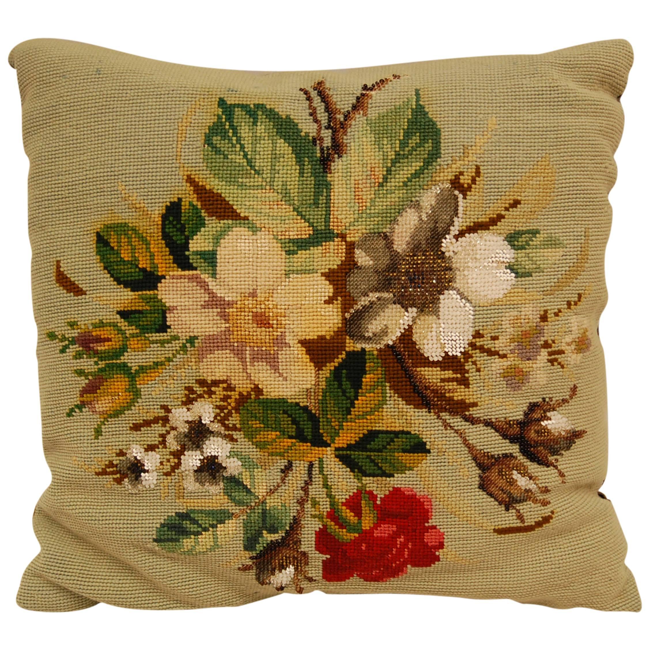 Early 20th Century Pillow with Floral Needlepoint and Glass Beaded Designs