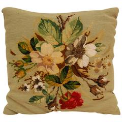 Early 20th Century Pillow with Floral Needlepoint and Glass Beaded Designs