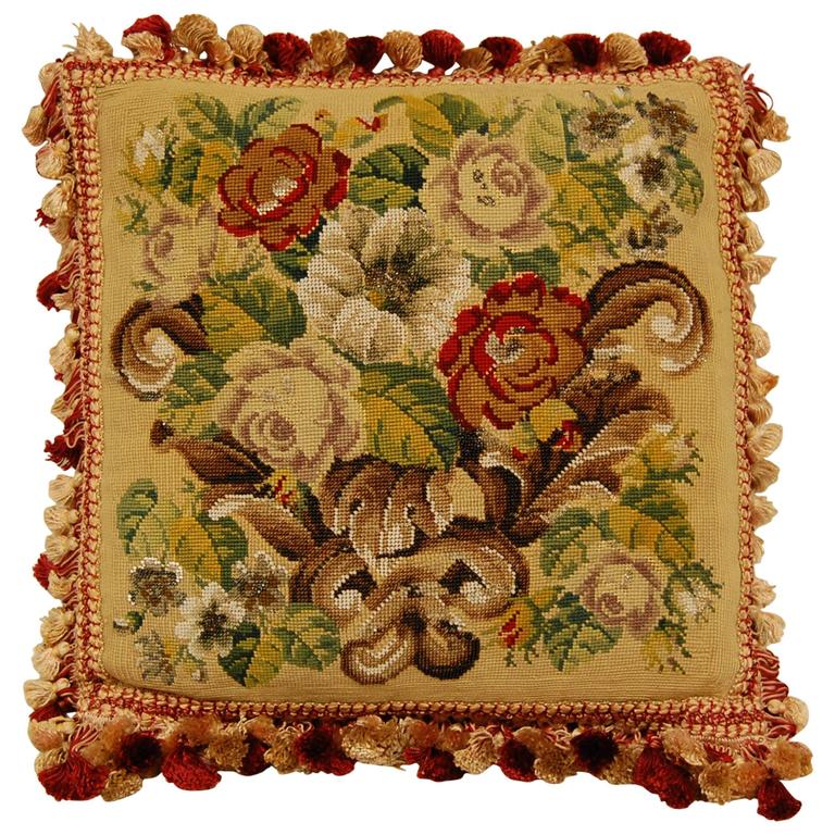 Early 20th Century Pillow with Needlepoint on Burgundy Velvet Backing