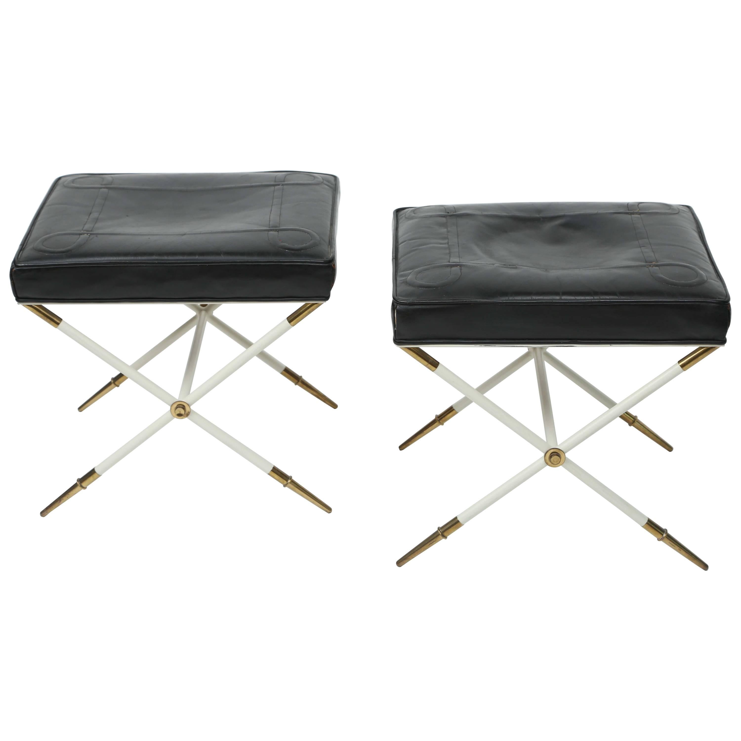 Tommi Parzinger Brass and Embossed Leather Stools