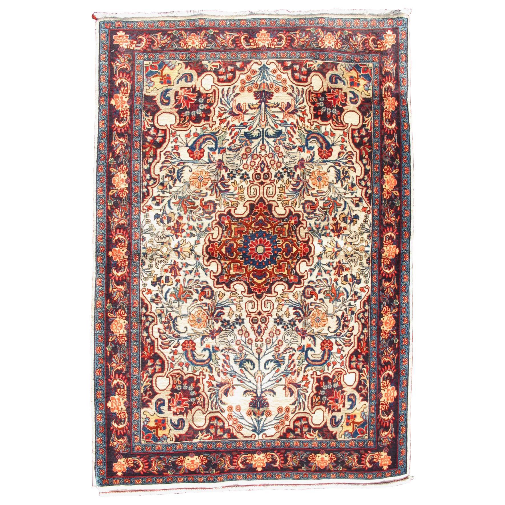 Persian Bidjar Vintage Small Rug in Ivory Background and Classic Design