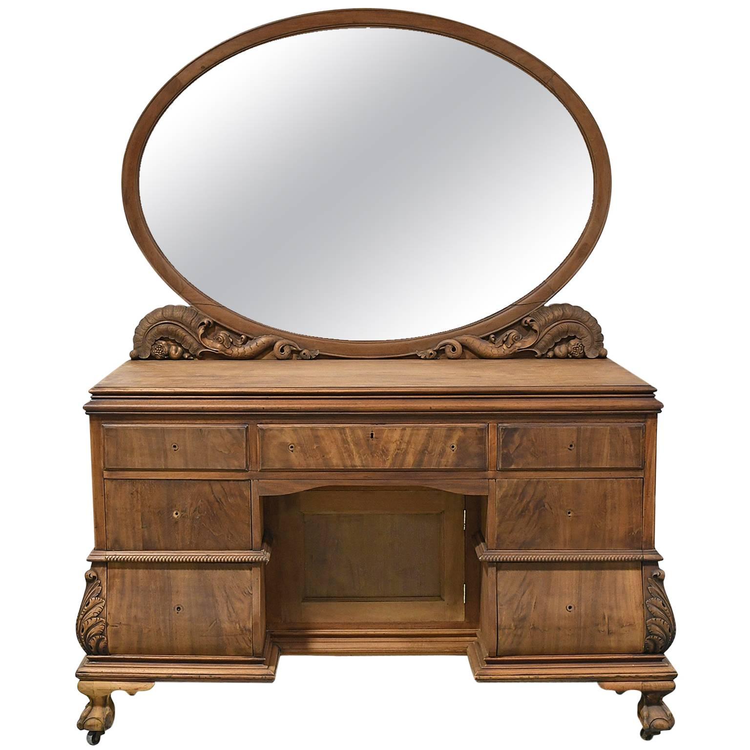 Belle Epoque Dressing Table in Mahogany with Oval Mirror with Carved Supports