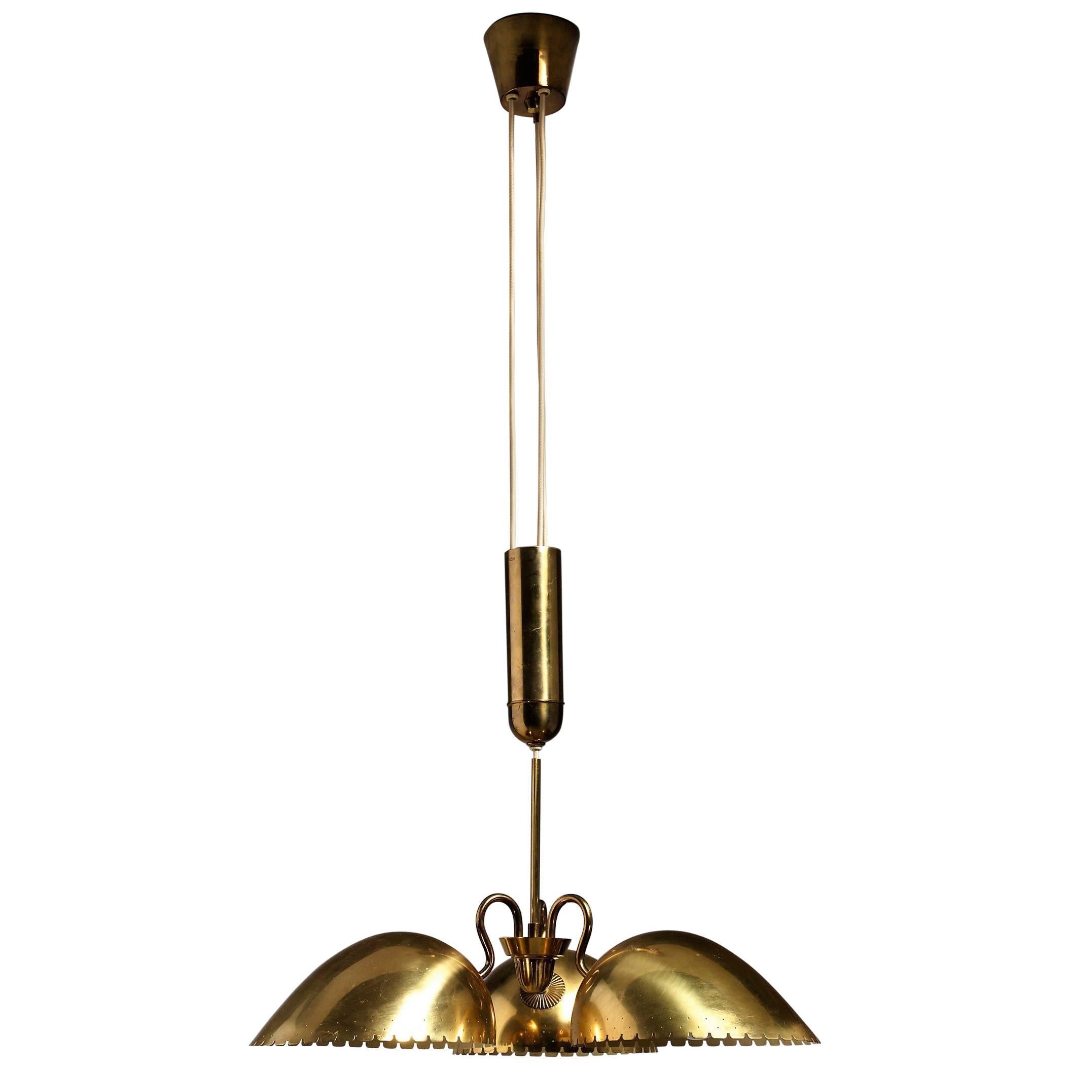 Bertil Brisborg Brass Pendant with Three Shades, Bohlmarks, Sweden, 1940s For Sale