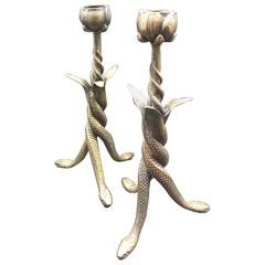 French Art Nouveau Serpent and Poppy Flower Bronze Tripod Candlesticks, a Pair