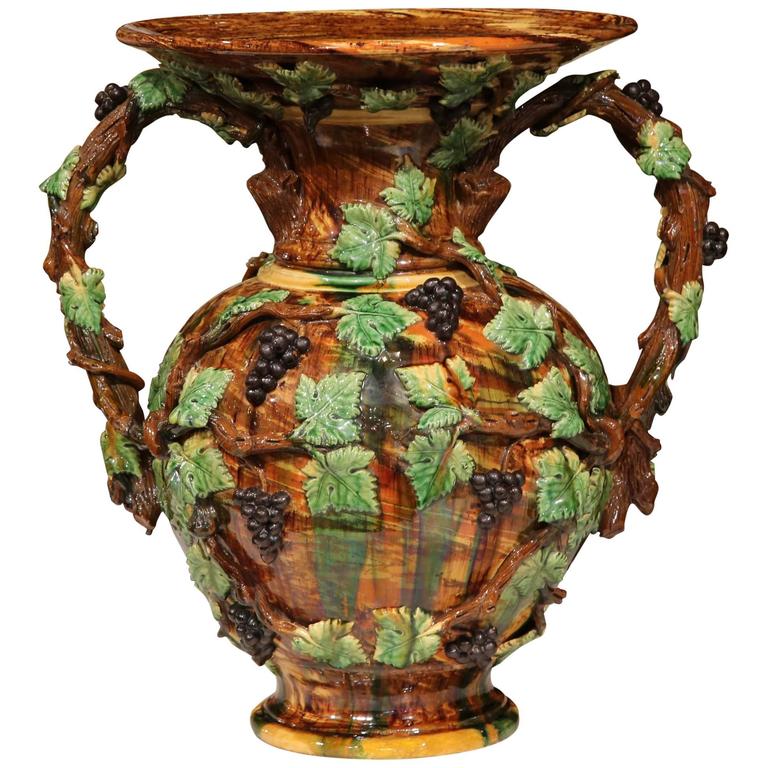 19th Century French HandPainted Barbotine Vase with Vines, Grapes and