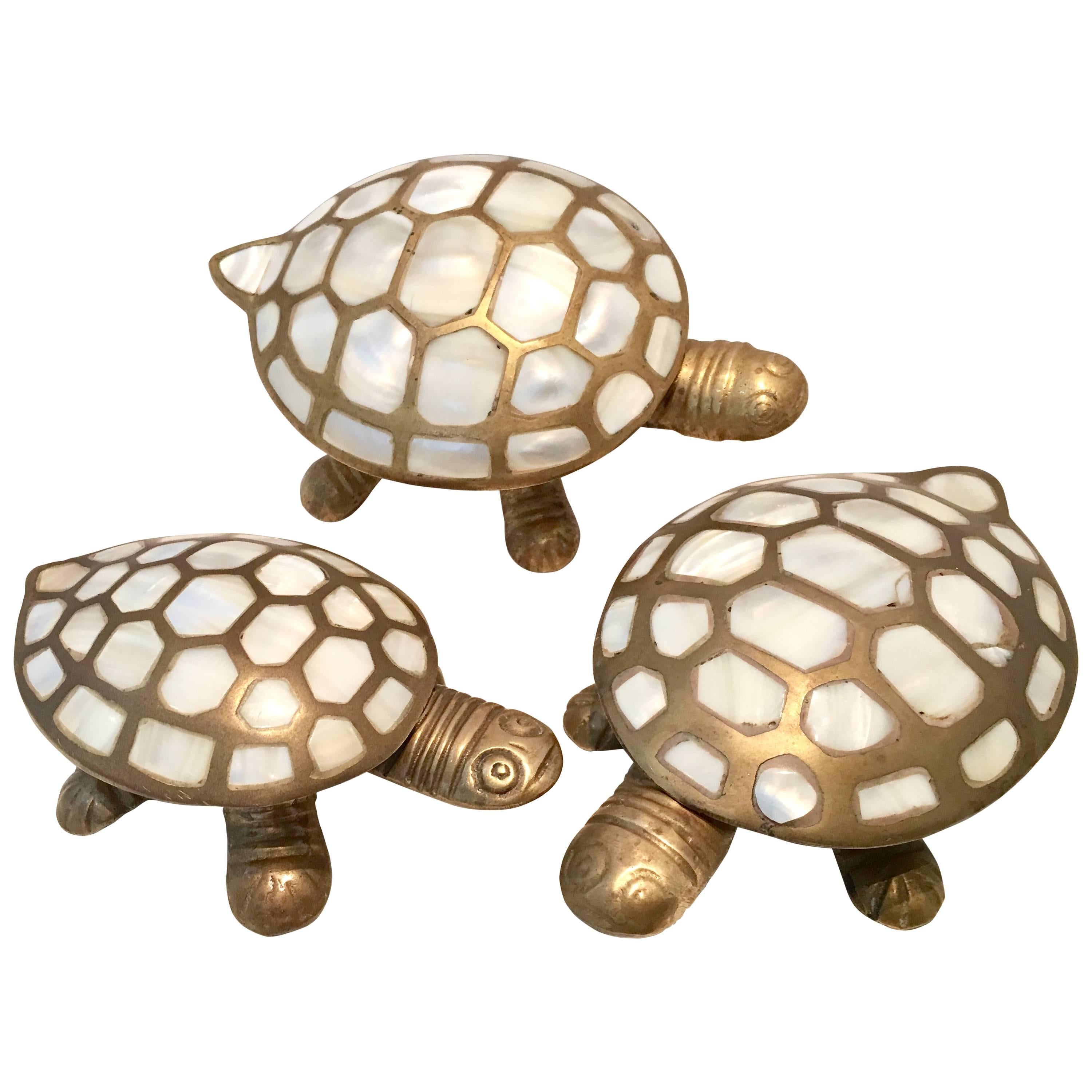 S/3 Vintage Brass and Mop Inlay Sculptural Turtle Boxes