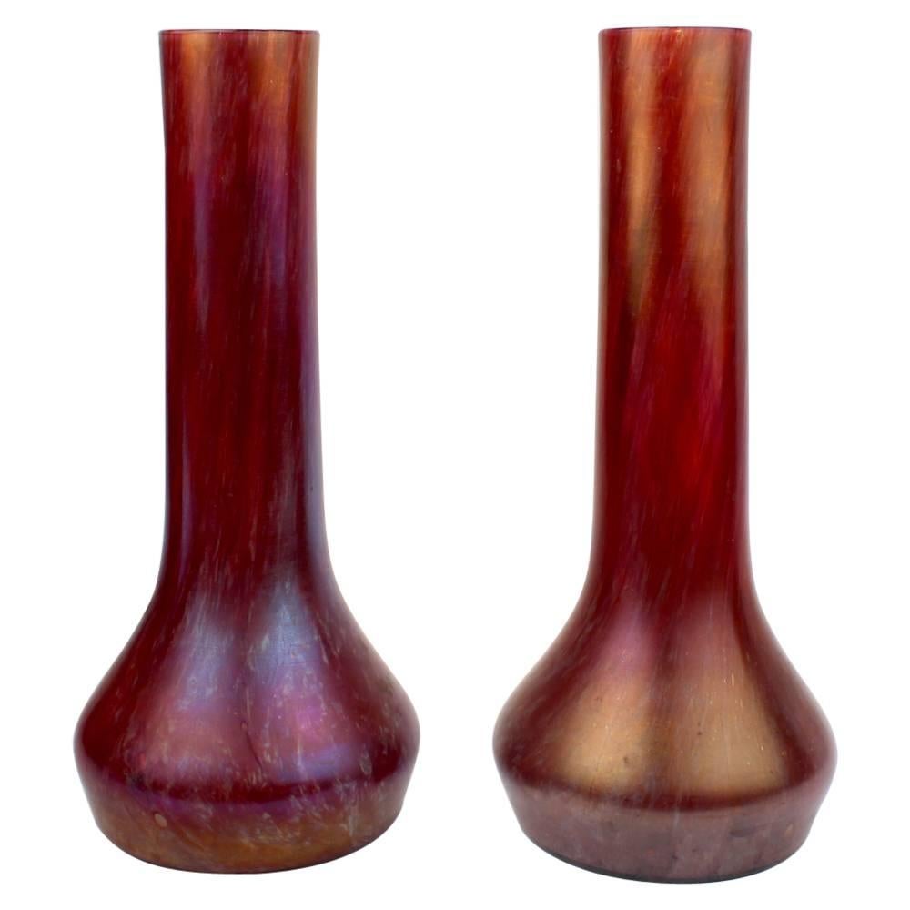 Pair of Art Nouveau Czech Loetz Type Red Art Glass Vases by Rindskopf For Sale