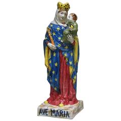 Impressive Large French Faience (Majolica) Model of a Crowned Virgin and Child