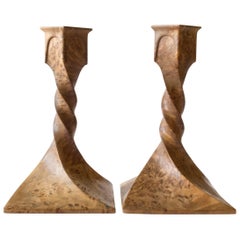 Pair of Scandinavian Solid Karelian Birch Twist-Form Jugend Candlesticks