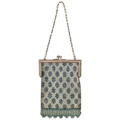 Antique Art Nouveau Silver Mesh Enamel Flapper Handbag by Mandalain