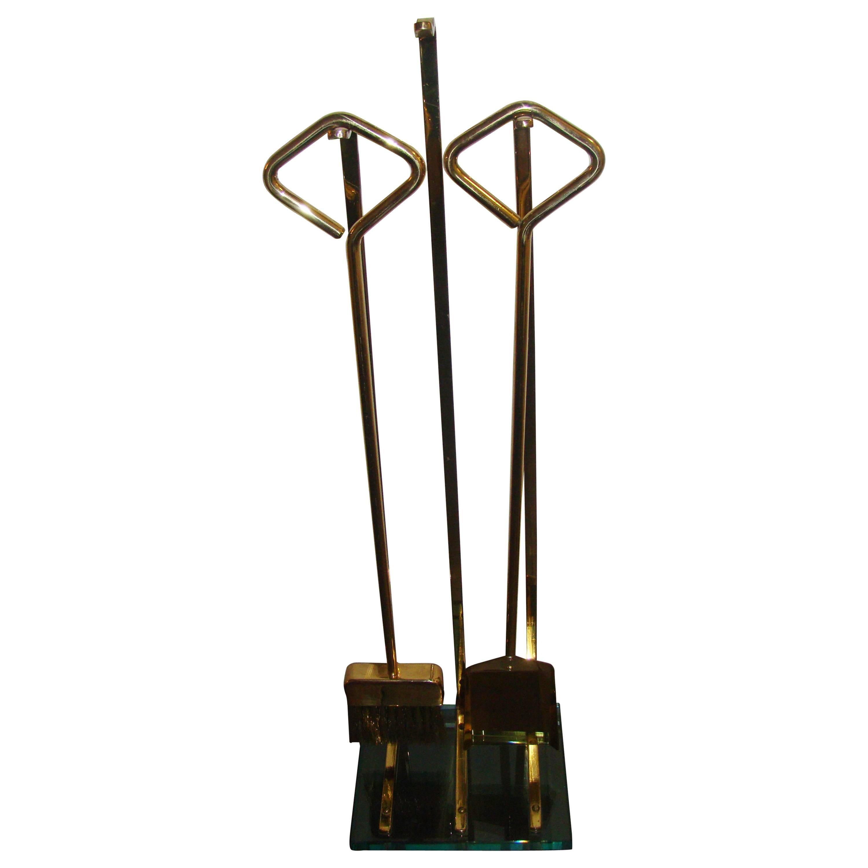 Brass and Glass Italian Mid-Century Fire Tool Set For Sale