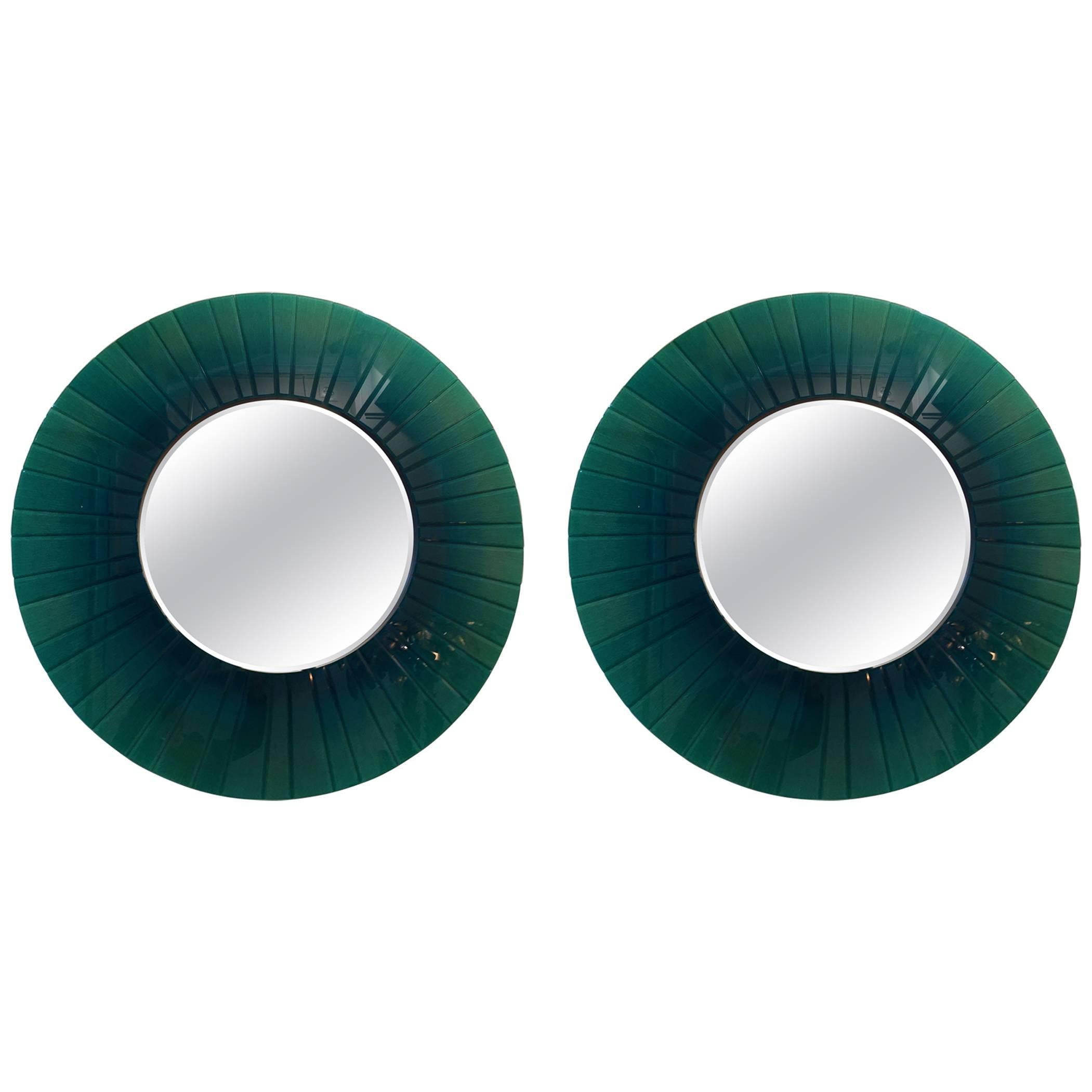 Pair of Large Green Glass Round Mirrors For Sale