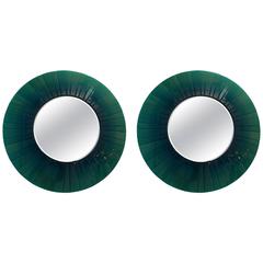 Pair of Large Green Glass Round Mirrors