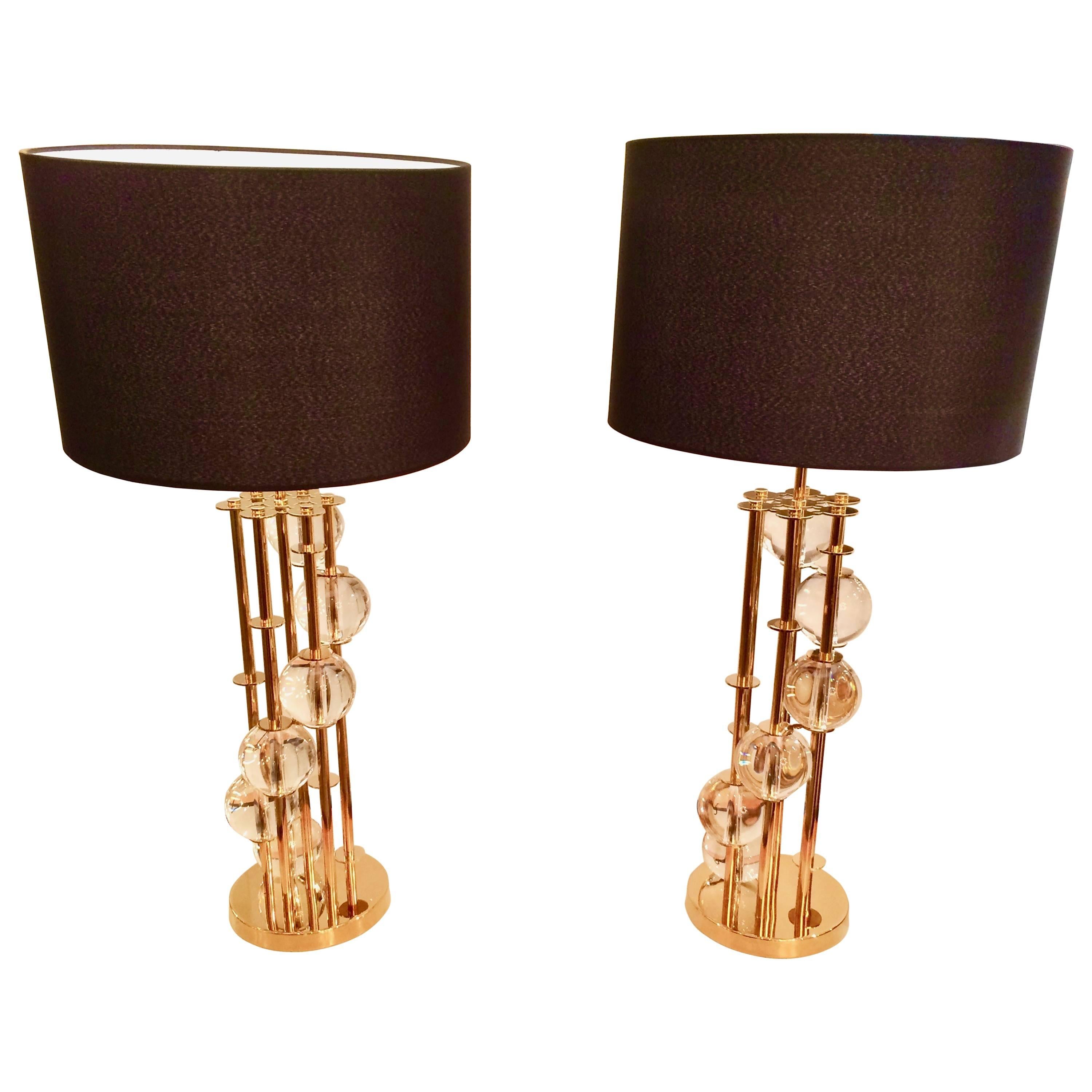 Pair of Brass and Crystal Lamps For Sale