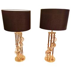Pair of Brass and Crystal Lamps