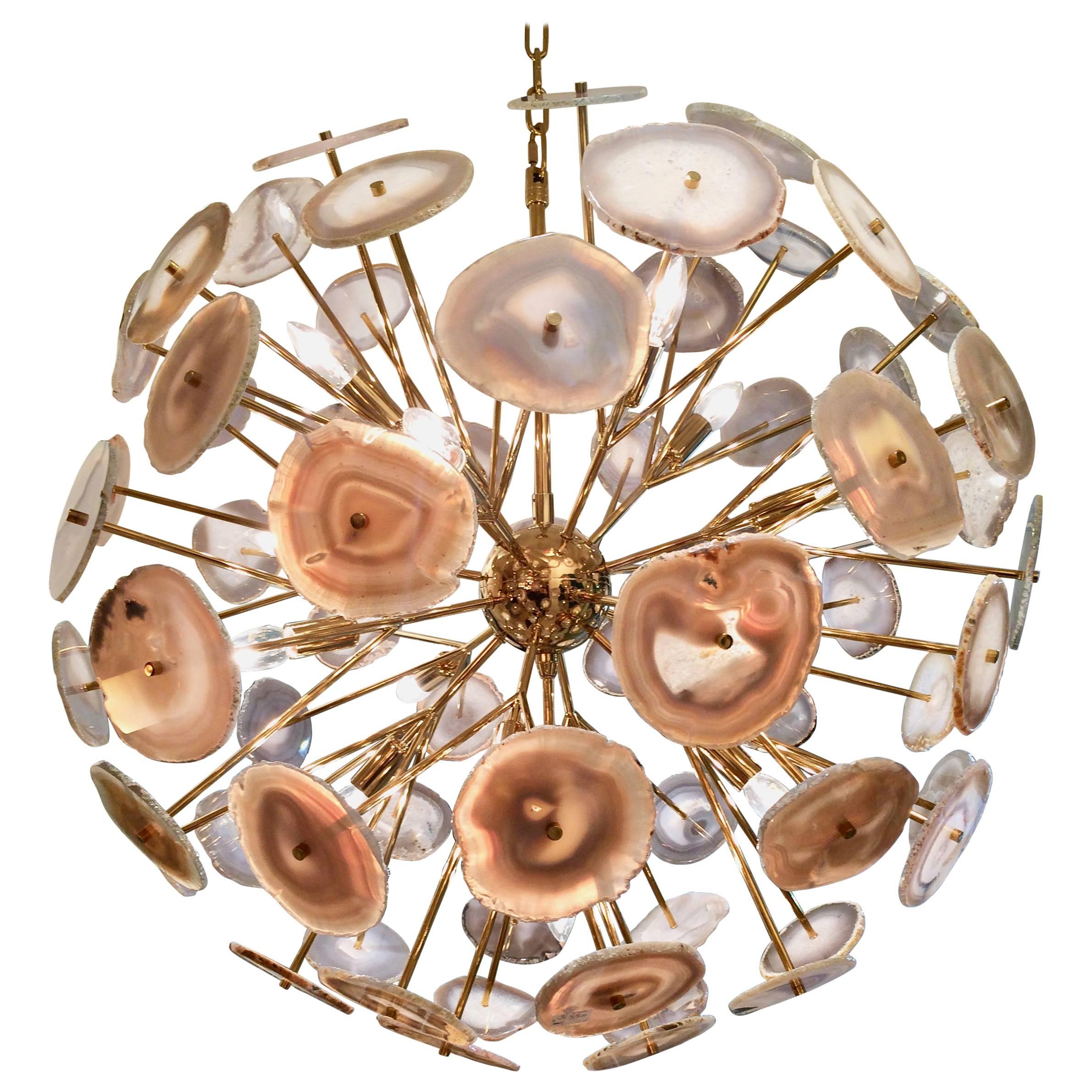 Sputnik or Sunburst Brass and Agate Stone Chandelier For Sale