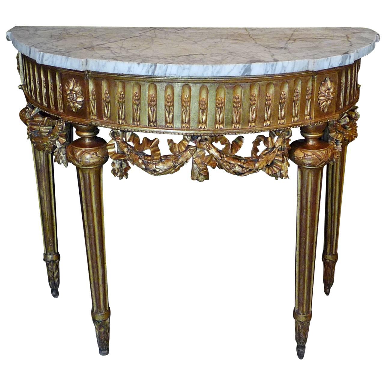 French Louis XVI Period Carved and Giltwood Demilune Console Table, 1780 For Sale