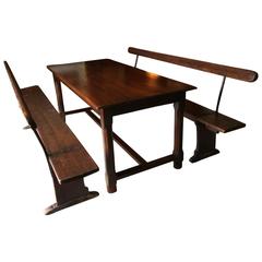 Vintage German Gothic Style Refectory Dining Table Solid Oak and Two Railway Benches