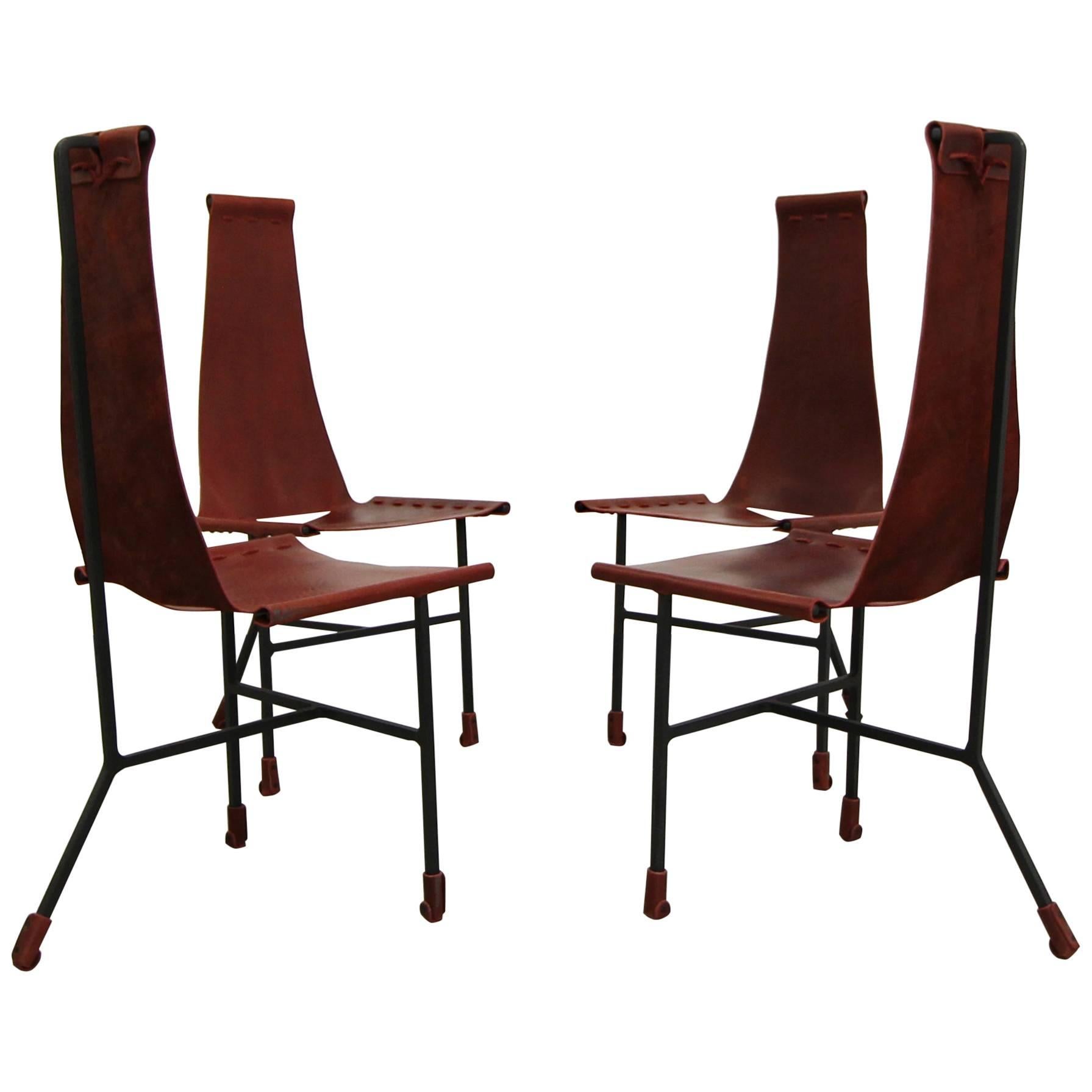 Set of Four Custom Latigo Leather and Steel Dining Chairs by Daniel Wenger