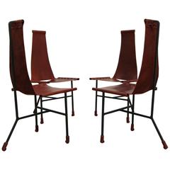 Set of Four Custom Latigo Leather and Steel Dining Chairs by Daniel Wenger