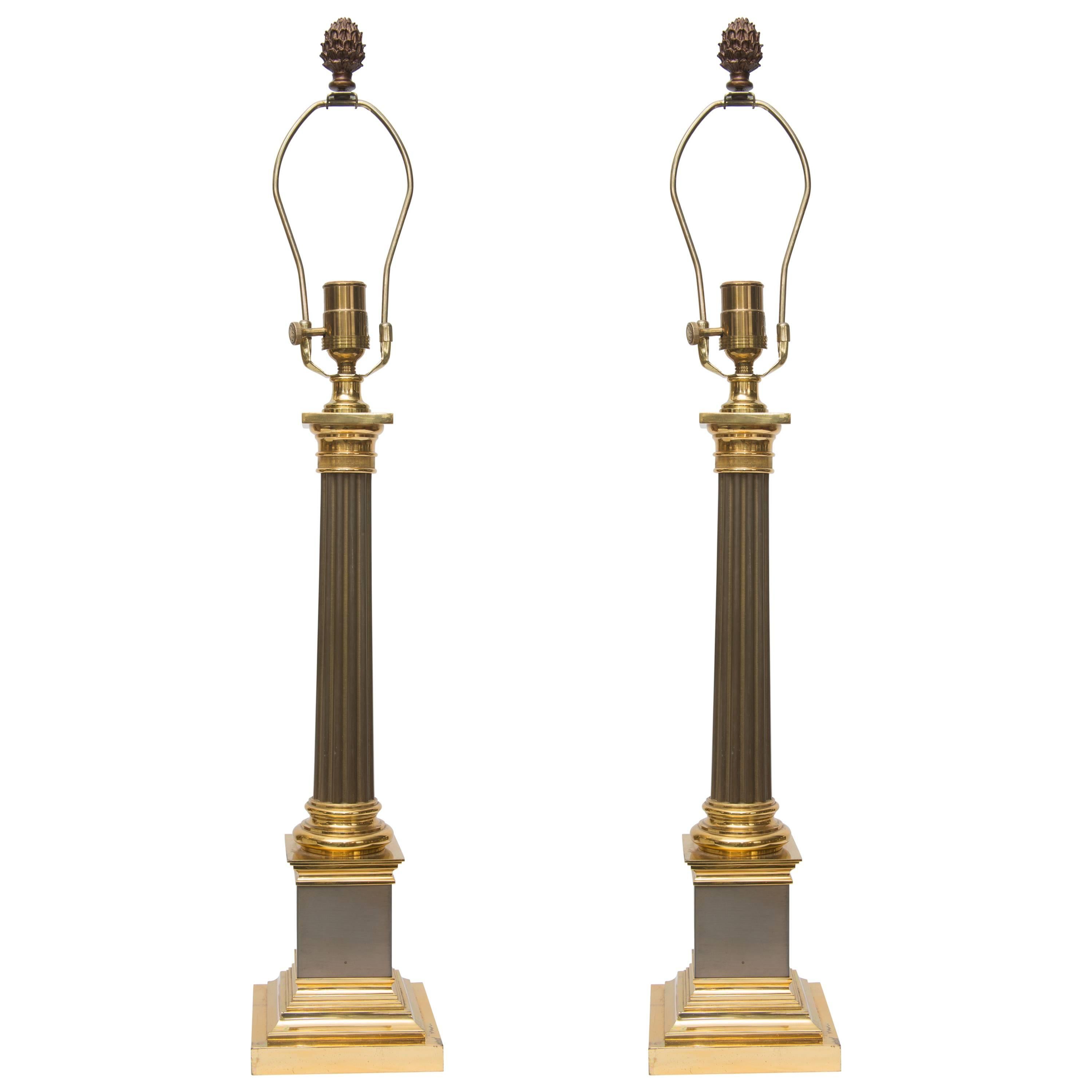 Pair of Steele and Brass Column Shaped Table Lamps