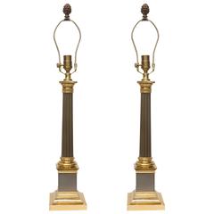 Pair of Steele and Brass Column Shaped Table Lamps