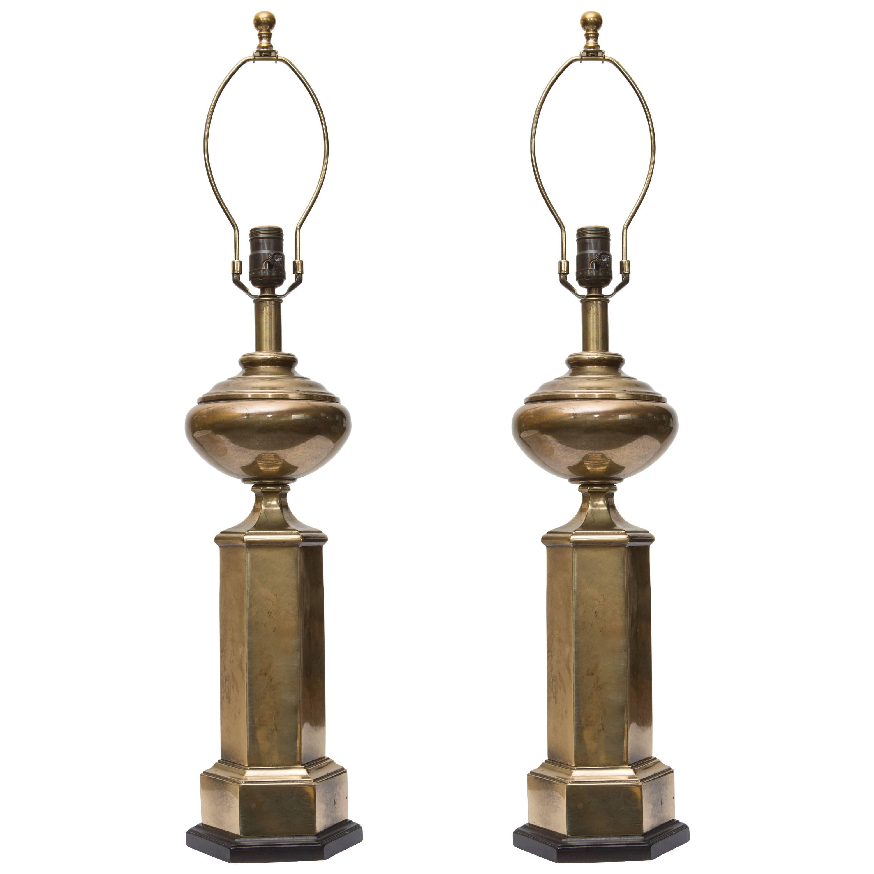 Stately Pair of Hexagonal Brass Lamps